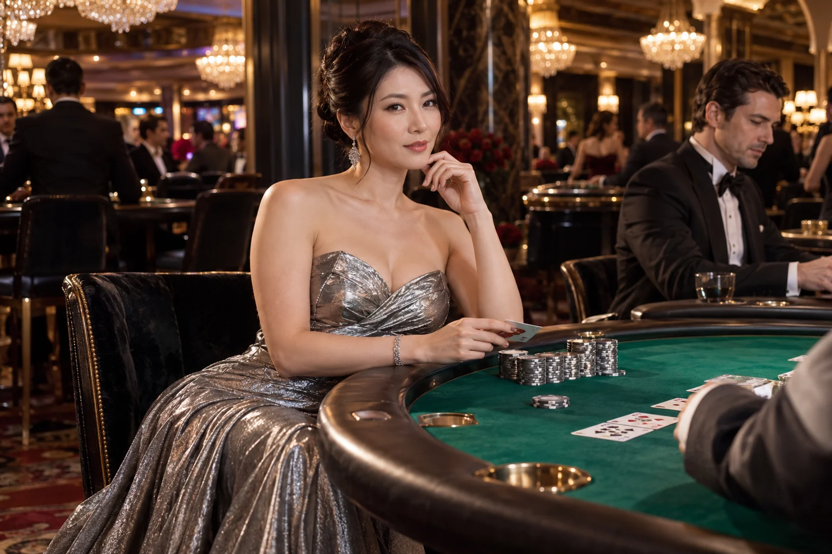 Fictional adult Japanese woman in a silver evening gown at a grand casino baccarat table