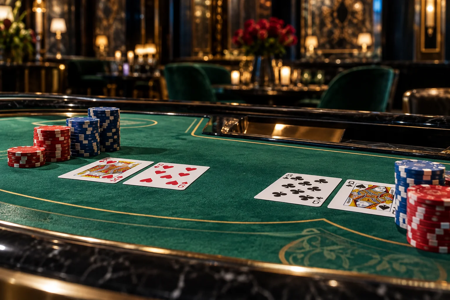 Emerald baccarat table with ruby and sapphire chips in a live casino