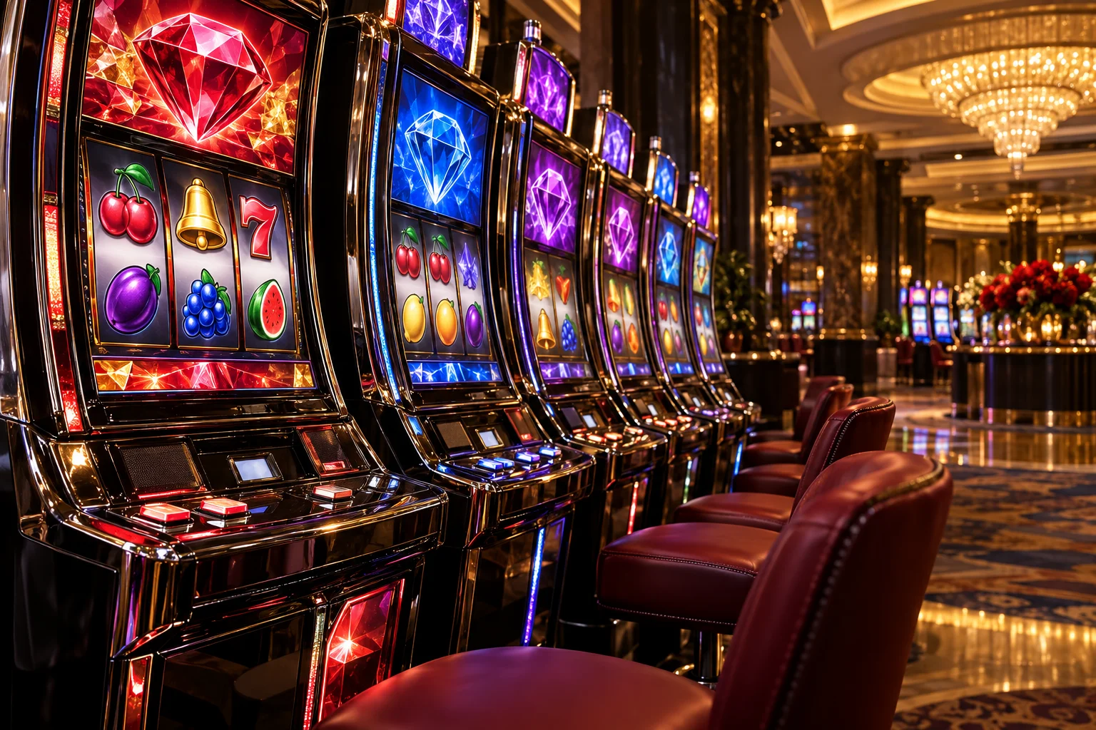 Colourful slot machines with ruby, violet and sapphire lights