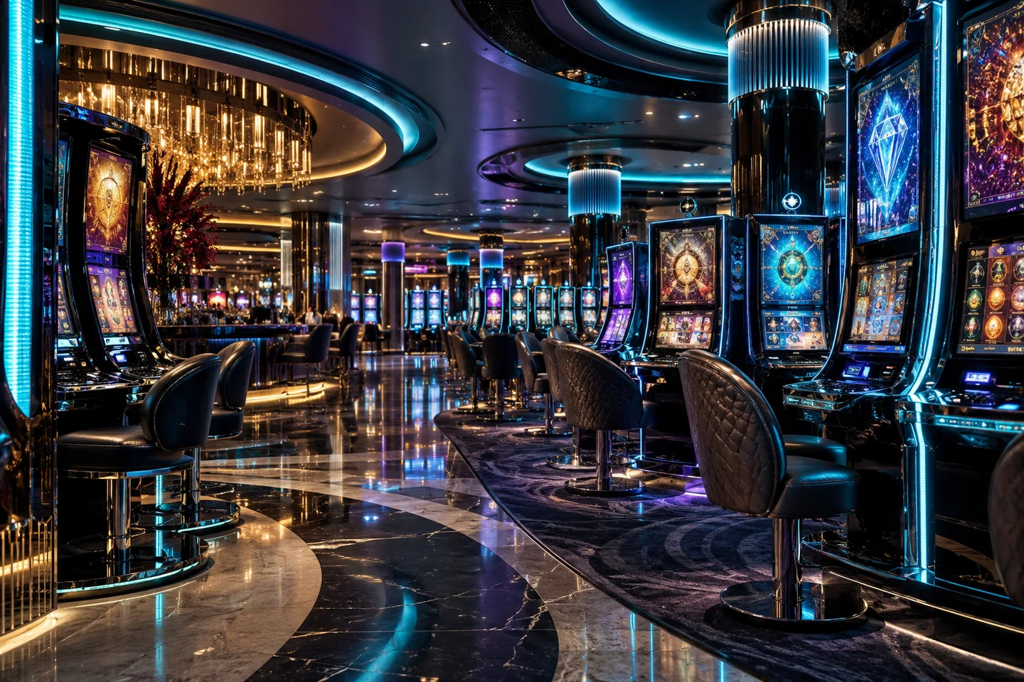 Cyan and violet lighting in a contemporary casino arcade
