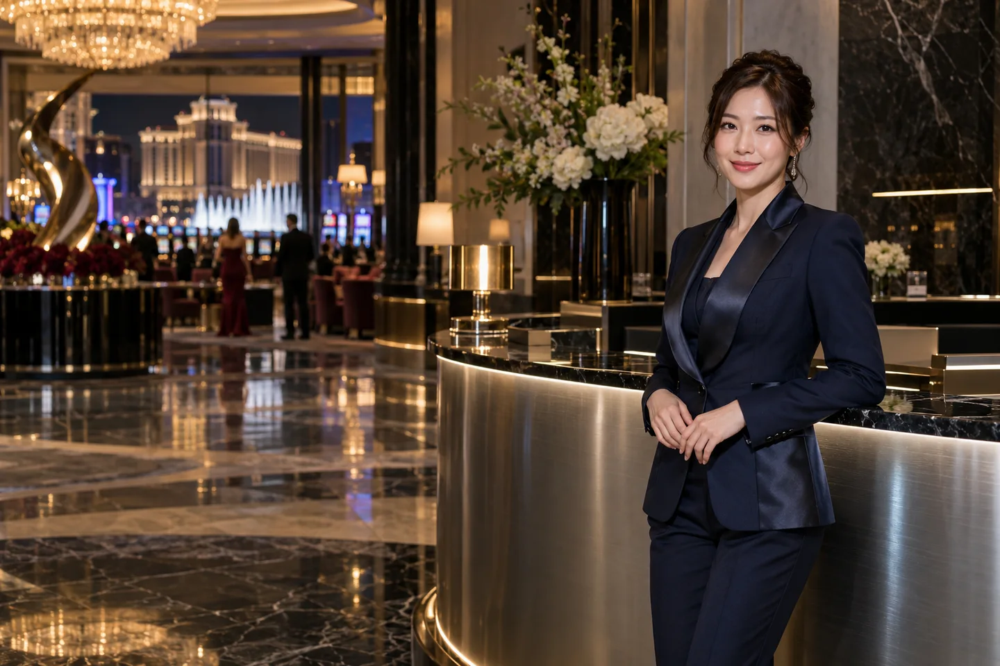 Fictional adult Japanese concierge in a midnight blue evening suit