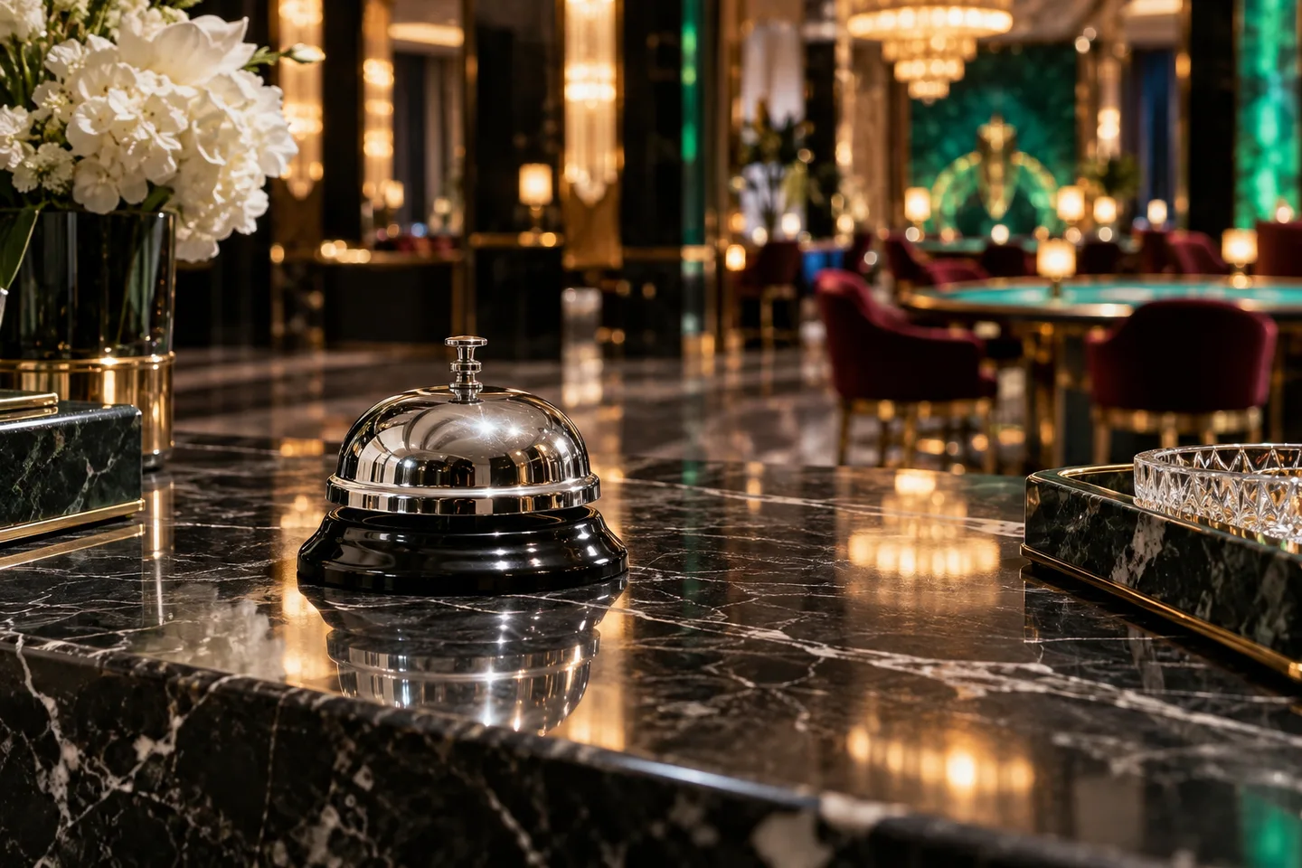 Silver concierge service bell on black marble