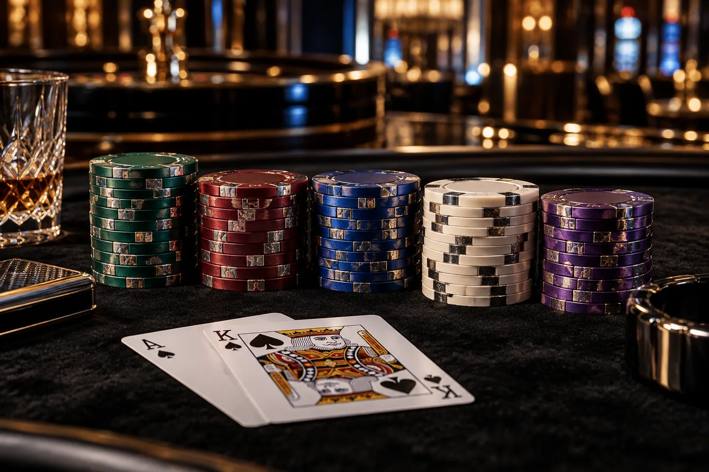 Five colored casino chip stacks on black velvet