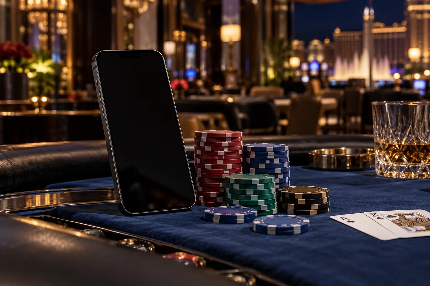 Mobile phone and casino chips on a sapphire table