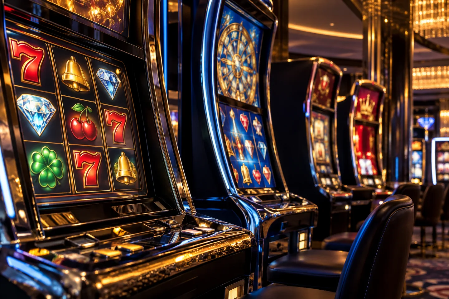 Distinct casino machine cabinets with warm and cool lighting