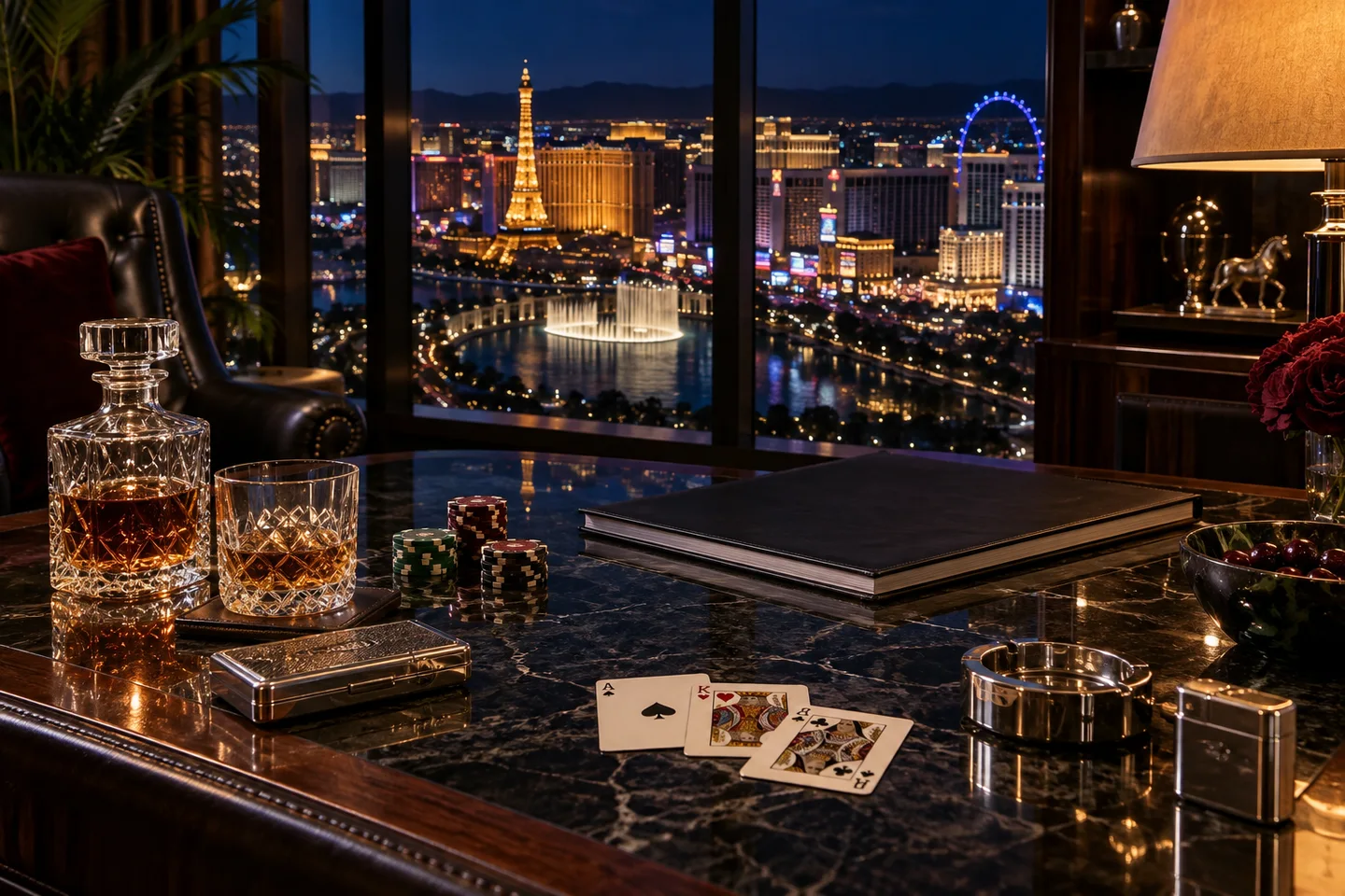 Casino reading table with cards and a Las Vegas view