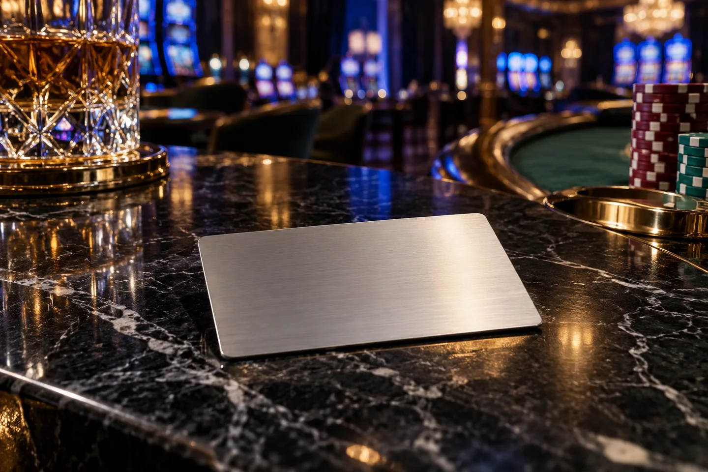 Titanium key card on black marble with blue casino lights