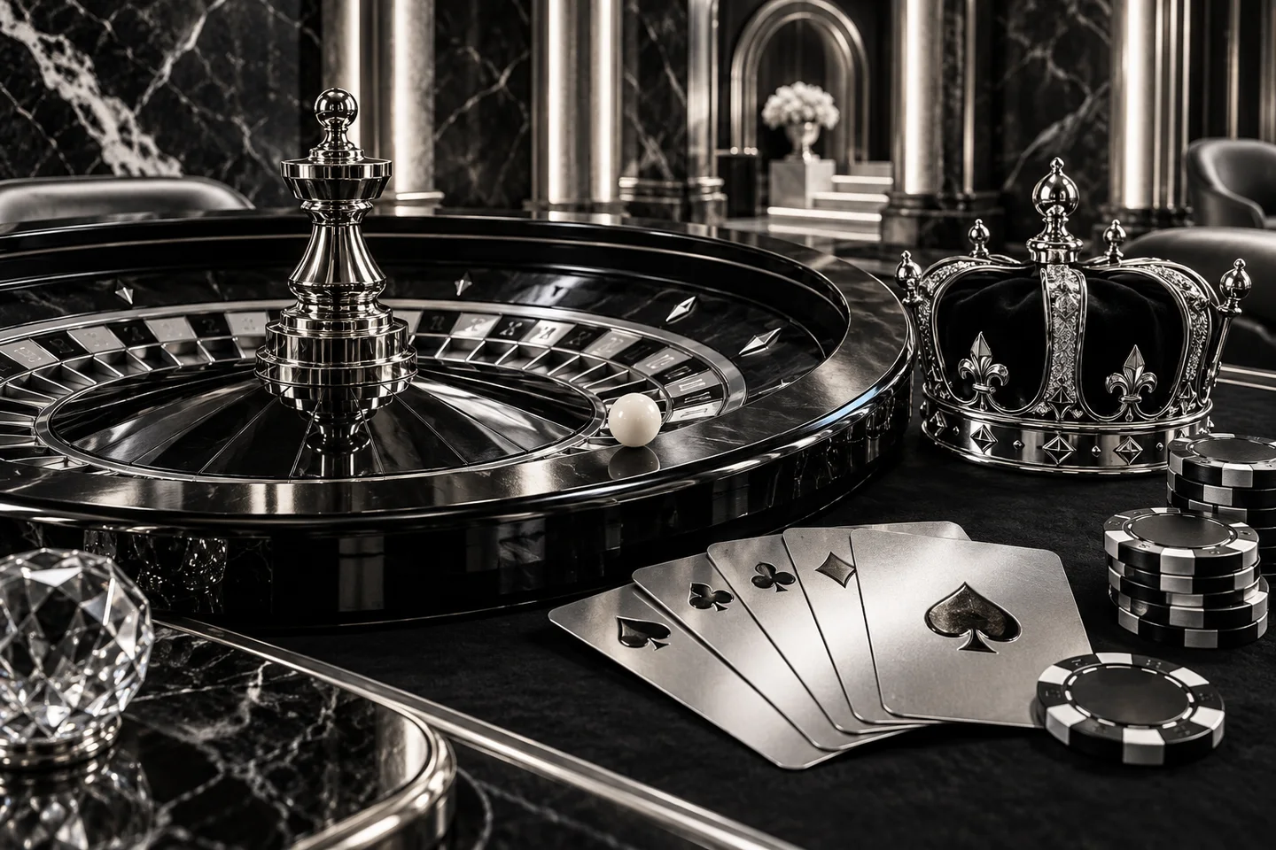 Polished titanium roulette wheel, crown and playing cards in a black marble casino salon