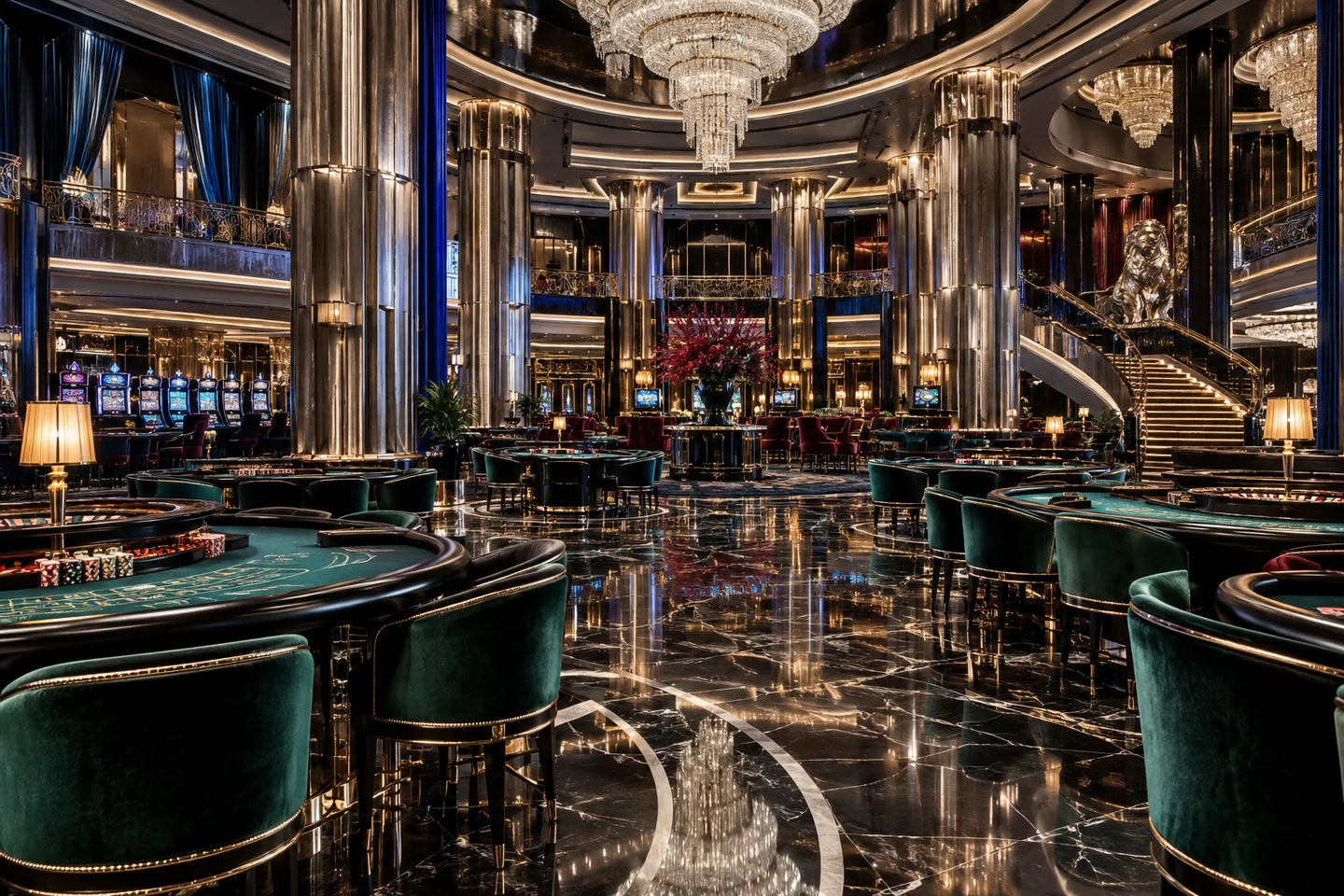Grand casino hall with titanium finishes and crystal chandeliers