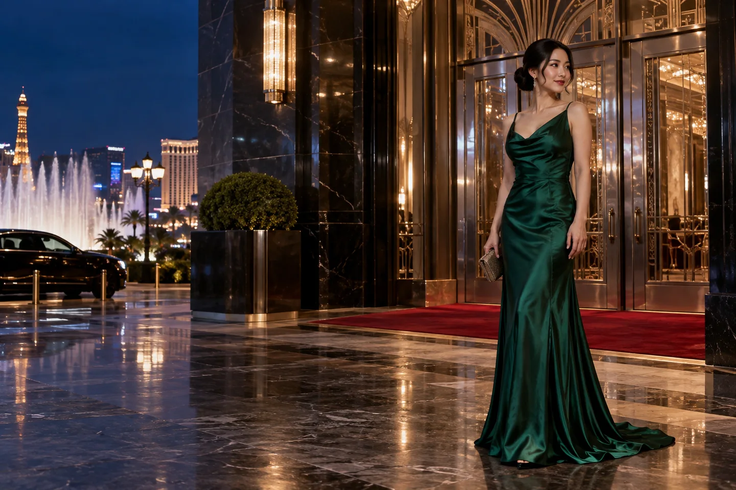 Fictional adult Japanese woman in an emerald gown at a luxury casino entrance