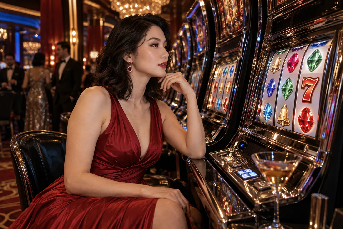Fictional adult Japanese woman in a ruby evening gown beside illuminated slot machines