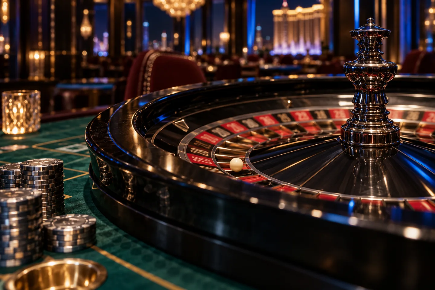 Roulette wheel and silver casino chips on an elegant gaming table