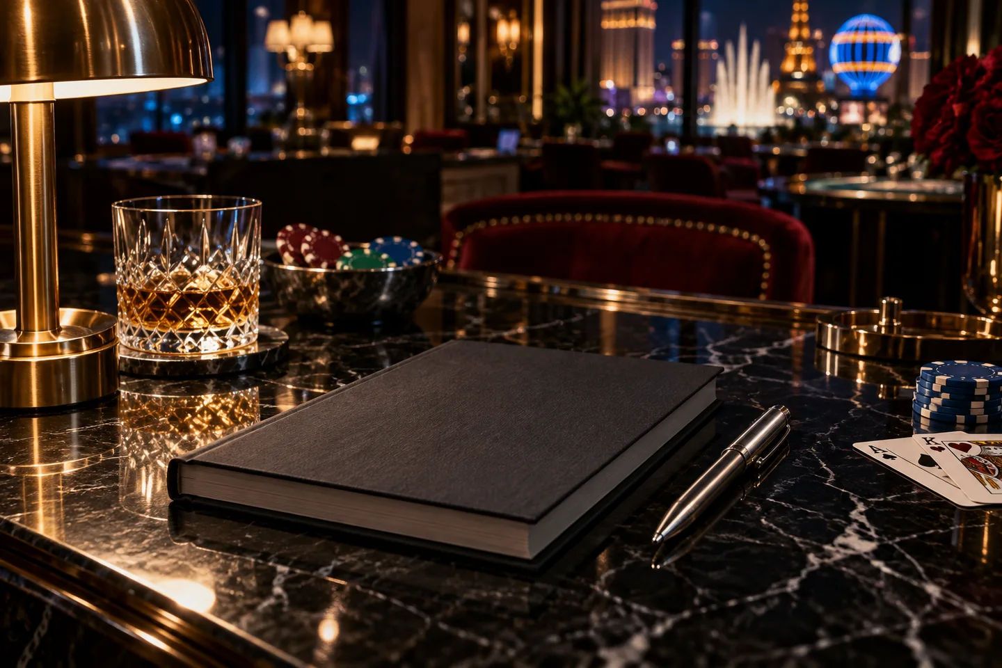 Blank book and silver pen on an elegant casino desk
